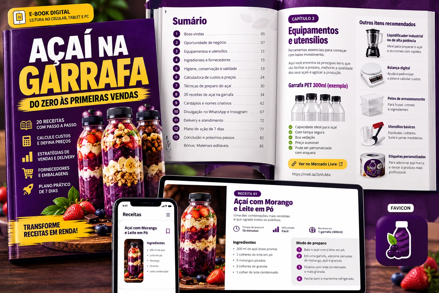 Apresentação ilustrada do ebook Açaí na Garrafa com capa, sumário, equipamentos e receita