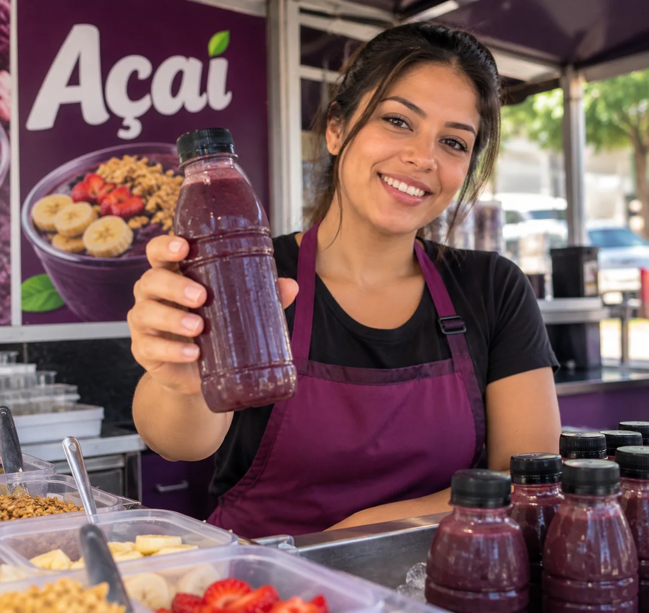 Vendedora apresentando garrafa de açaí